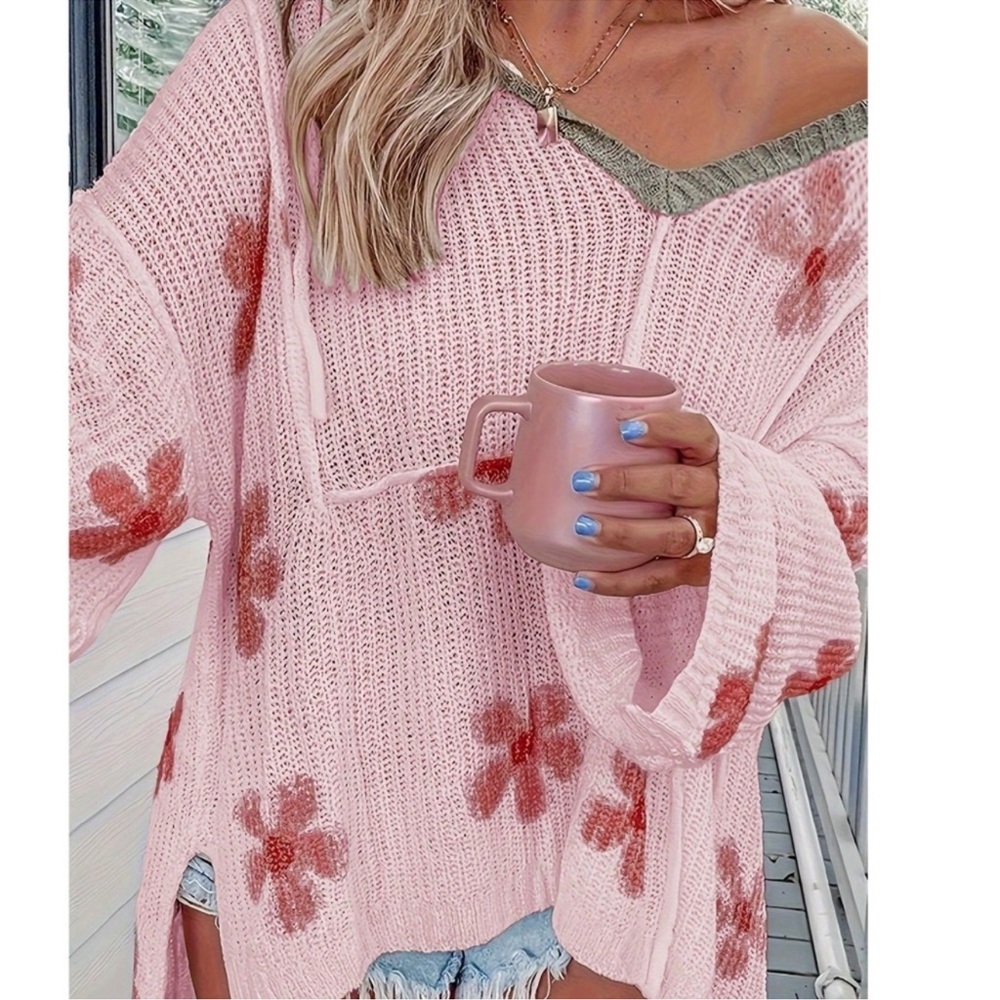 Plus Floral Print V Neck Reverse Stitch Hoodie Top 1X 2X 3X 4X 5X